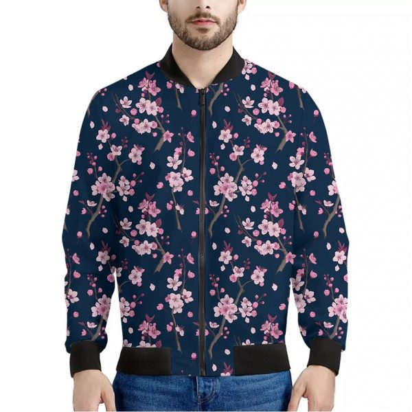 Pink Sakura Cherry Blossom Pattern Print Bomber Jacket