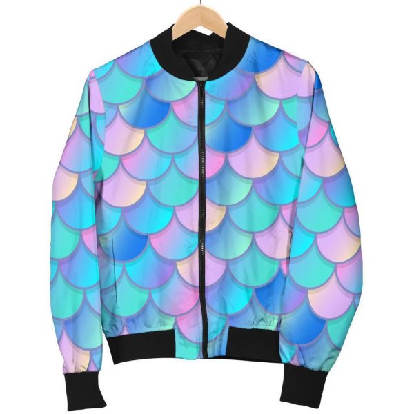 Pink Teal Mermaid Scales Pattern Print Bomber Jacket