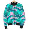Pink Teal Tropical Leaf Pattern Print Bomber Jacket