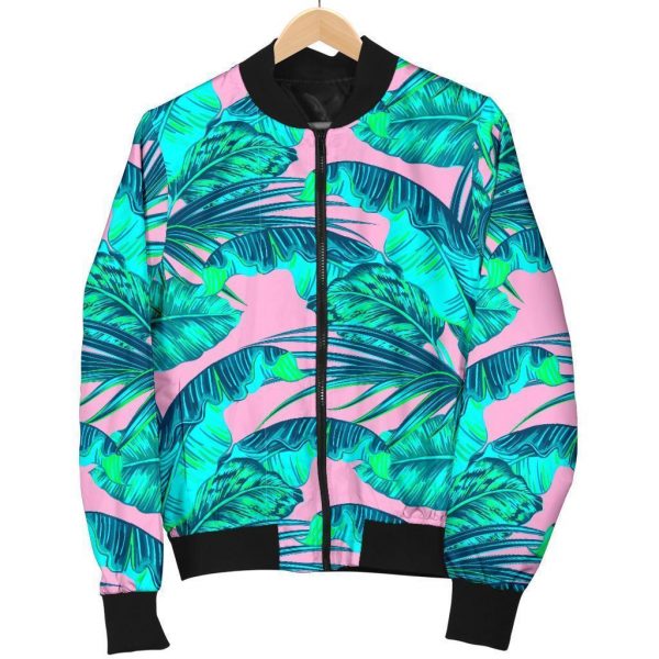 Pink Teal Tropical Leaf Pattern Print Bomber Jacket