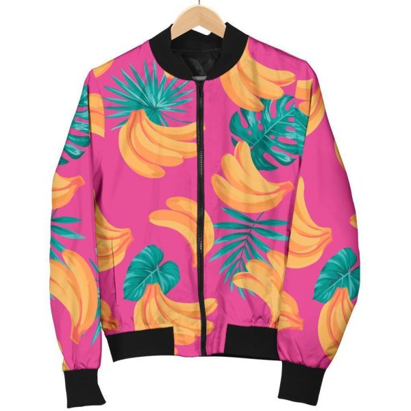 Pink Tropical Banana Pattern Print Bomber Jacket