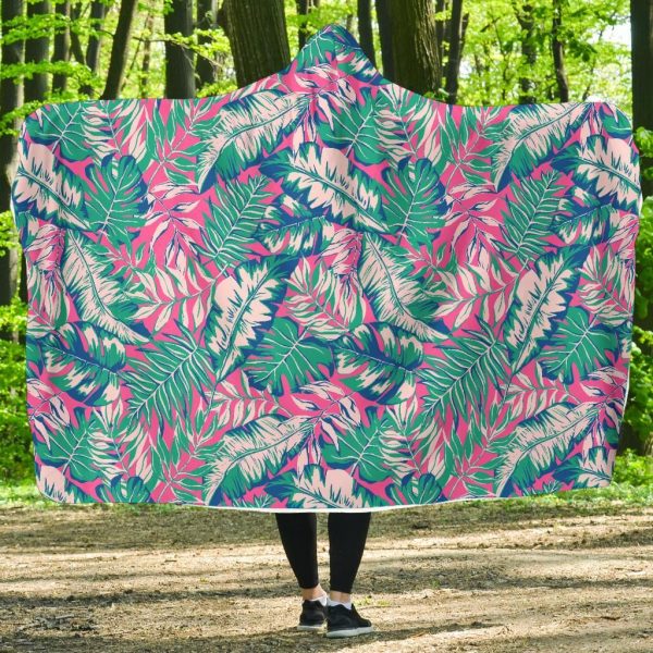 Pink Tropical Palm Leaves Hawaiian Pattern Print Hooded Blanket Cloak Blanket
