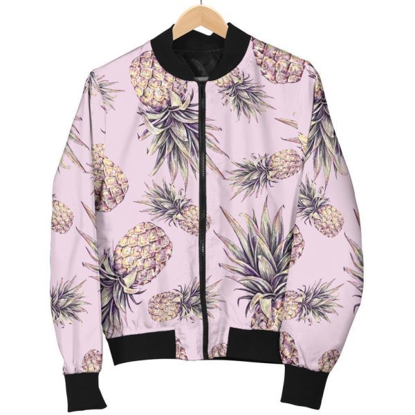 Pink Vintage Pineapple Pattern Print Bomber Jacket