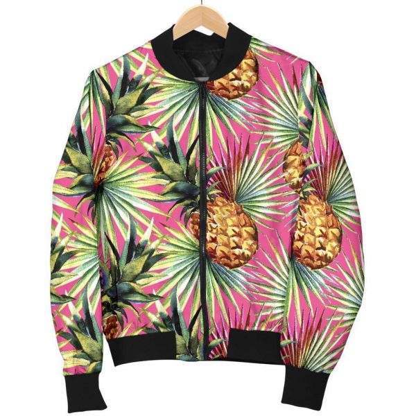 Pink Watercolor Pineapple Pattern Print Bomber Jacket