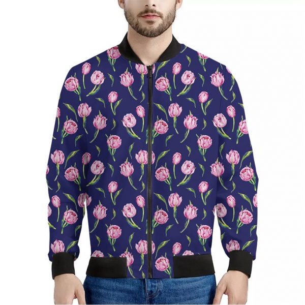 Pink Watercolor Tulip Flower Print Bomber Jacket