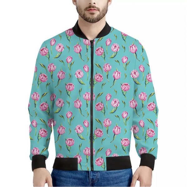 Pink Watercolor Tulip Pattern Print Bomber Jacket