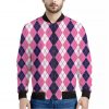 Pink White And Blue Argyle Pattern Print Bomber Jacket