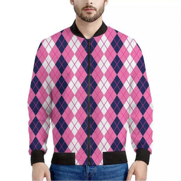 Pink White And Blue Argyle Pattern Print Bomber Jacket