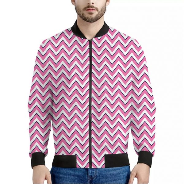 Pink White And Navy Chevron Print Bomber Jacket