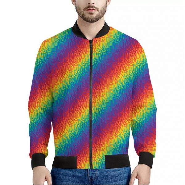 Pixel Rainbow Pattern Print Bomber Jacket