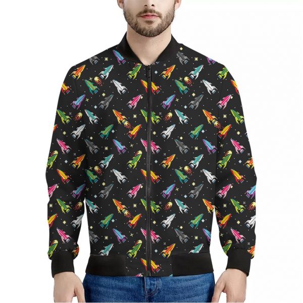 Pixel Spaceships Pattern Print Bomber Jacket