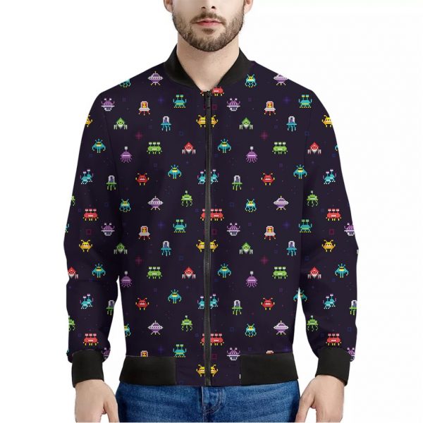 Pixel UFO Aliens Pattern Print Bomber Jacket