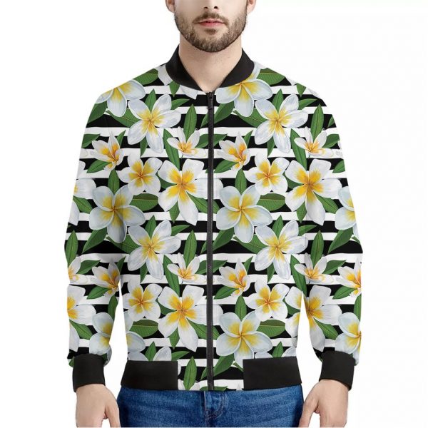 Plumeria Flower Striped Pattern Print Bomber Jacket
