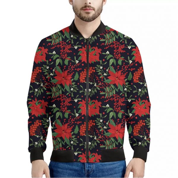 Poinsettia Flower Pattern Print Bomber Jacket
