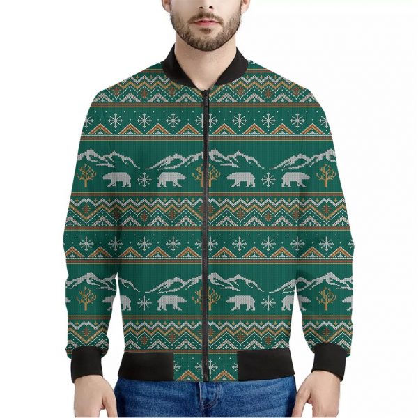Polar Bear Knitted Pattern Print Bomber Jacket