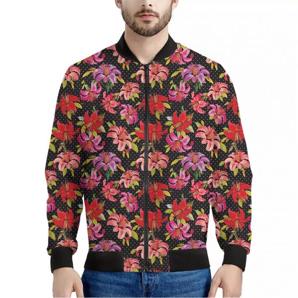 Polka Dot Lily Pattern Print Bomber Jacket