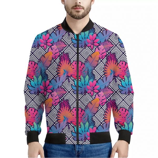 Psychedelic Tropical Aloha Pattern Print Bomber Jacket