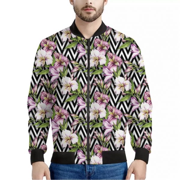 Purple Alstroemeria Zigzag Pattern Print Bomber Jacket