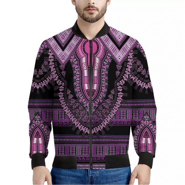 Purple And Black African Dashiki Print Bomber Jacket