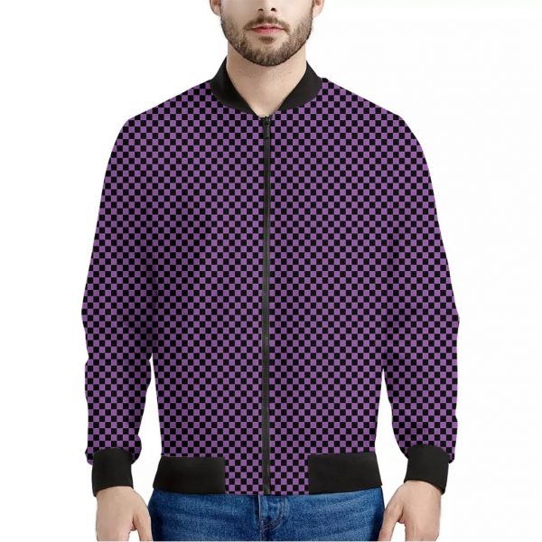 Purple And Black Checkered Pattern Print Bomber Jacket