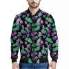 Purple And Green Leaf Pattern Print Bomber Jacket