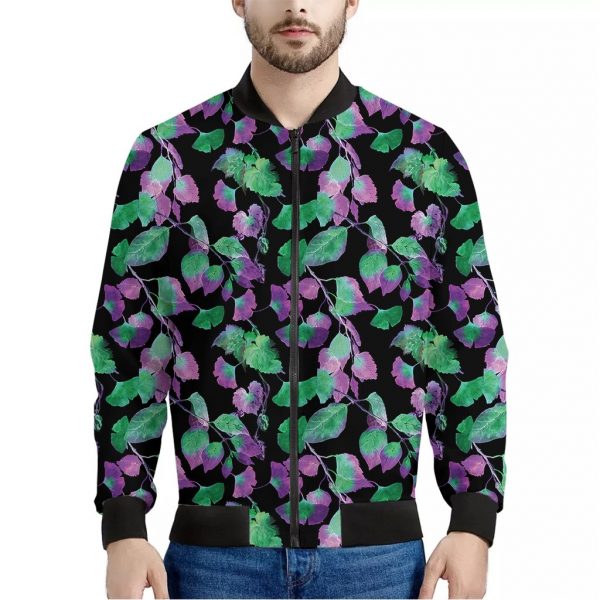 Purple And Green Leaf Pattern Print Bomber Jacket