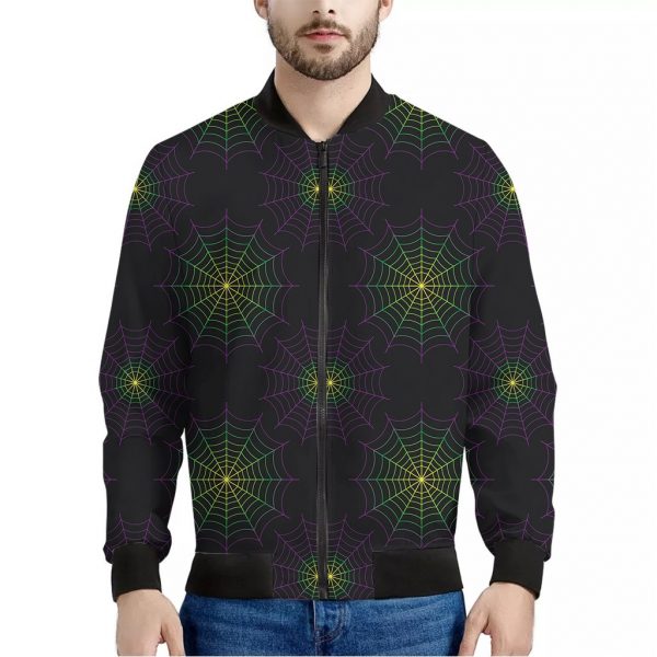 Purple And Green Spider Web Print Bomber Jacket