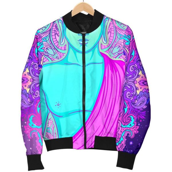 Purple And Teal Buddha Print Bomber Jacket