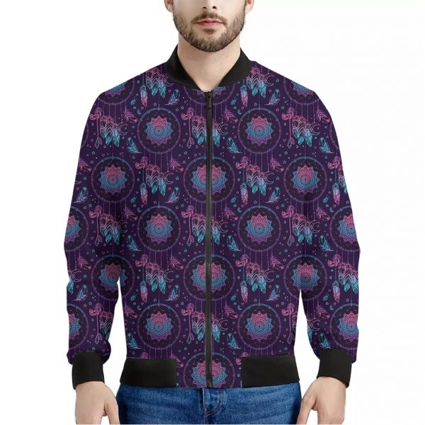 Purple And Teal Dream Catcher Print Bomber Jacket