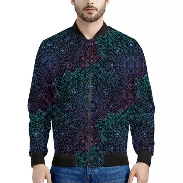 Purple And Teal Mandala Print Bomber Jacket