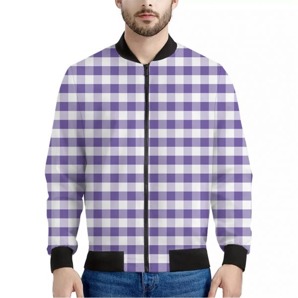 Purple And White Gingham Pattern Print Bomber Jacket
