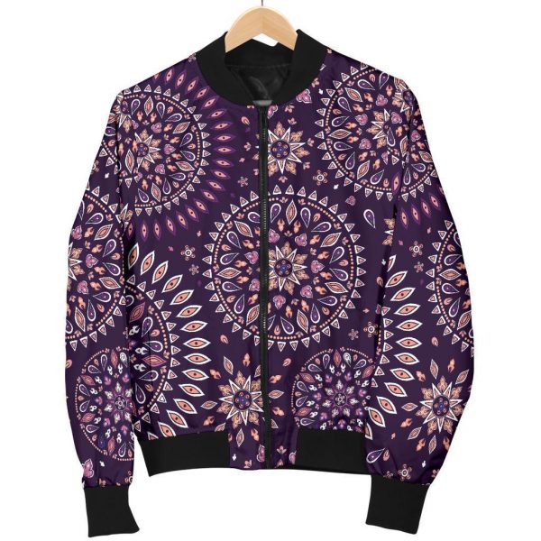 Purple Bohemian Mandala Pattern Print Bomber Jacket