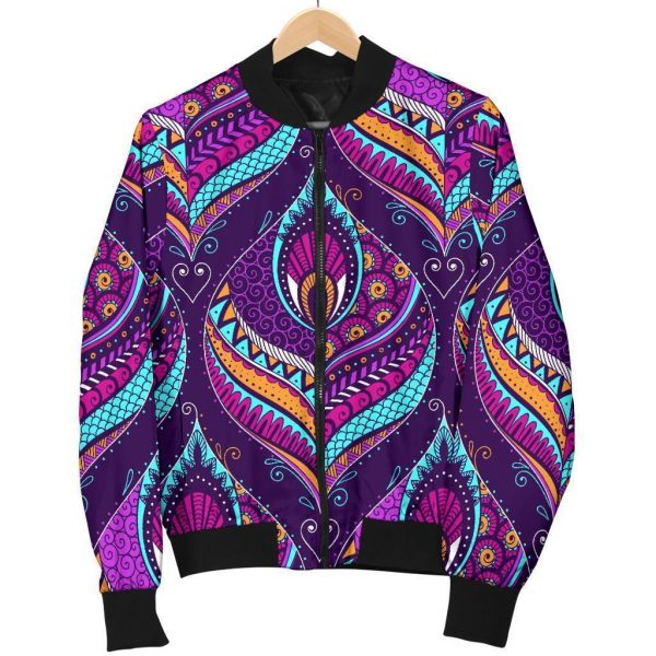 Purple Bohemian Peacock Feather Print Bomber Jacket