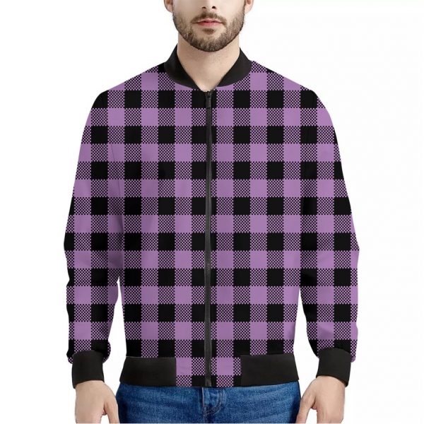 Purple Buffalo Plaid Print Bomber Jacket