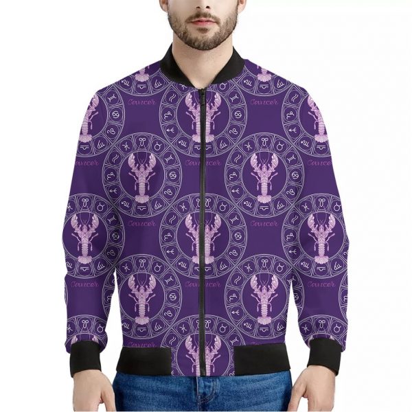 Purple Cancer Zodiac Pattern Print Bomber Jacket