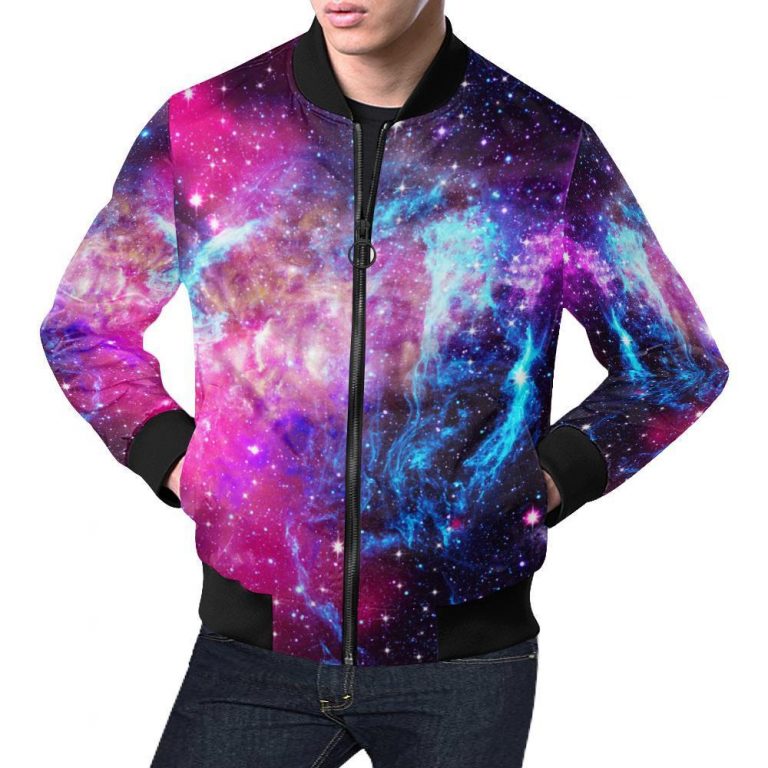 Purple Galaxy Space Blue Stardust Print Bomber Jacket