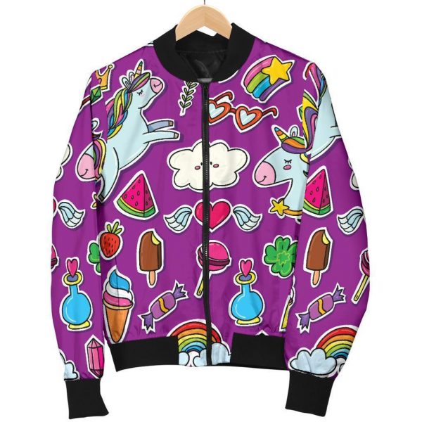 Purple Girly Unicorn Pattern Print Bomber Jacket