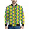 Purple Green And Yellow Mardi Gras Print Bomber Jacket