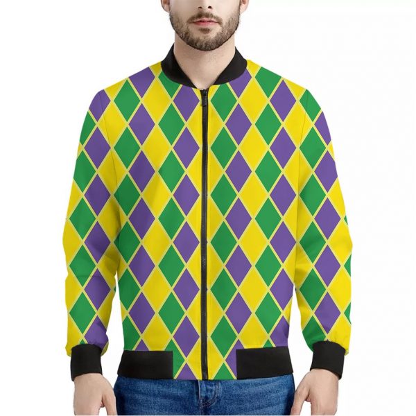 Purple Green And Yellow Mardi Gras Print Bomber Jacket