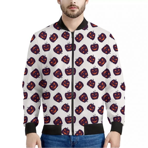 Purple Halloween Pumpkin Pattern Print Bomber Jacket