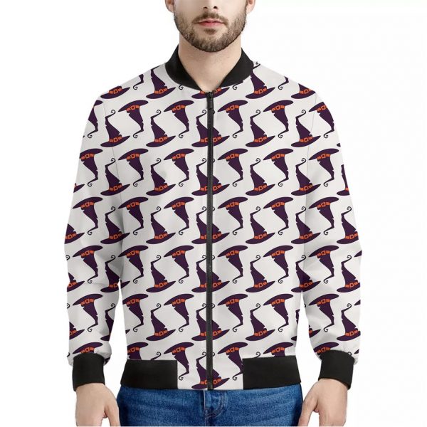 Purple Halloween Witch Hat Pattern Print Bomber Jacket