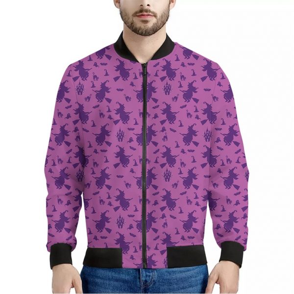 Purple Halloween Witch Pattern Print Bomber Jacket