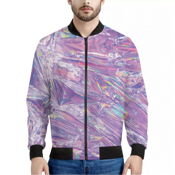 Purple Holographic Print Bomber Jacket