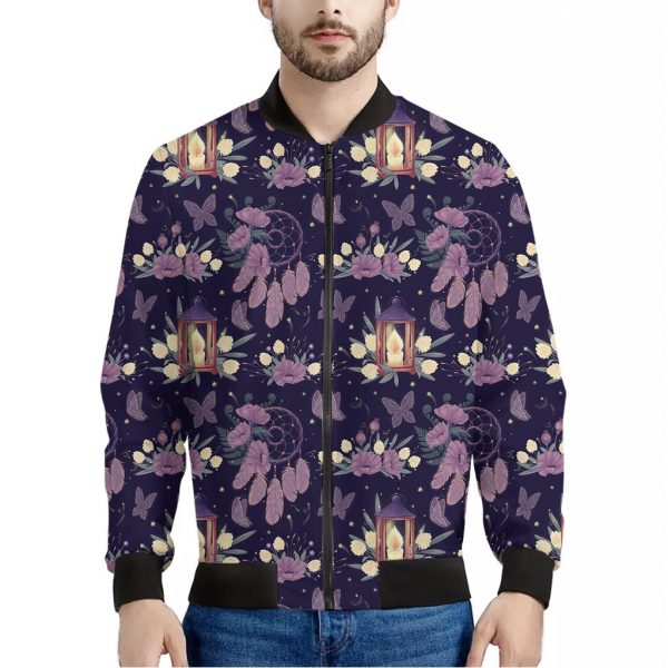 Purple Indian Dream Catcher Print Bomber Jacket