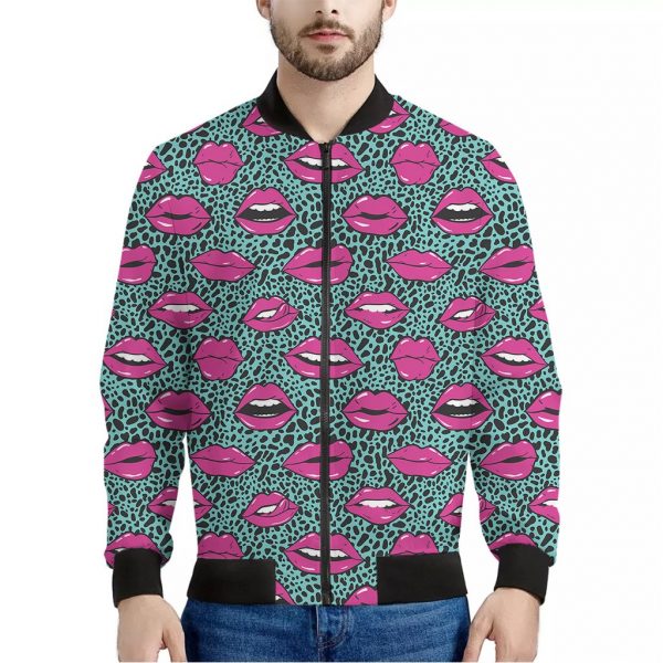 Purple Lips Pattern Print Bomber Jacket
