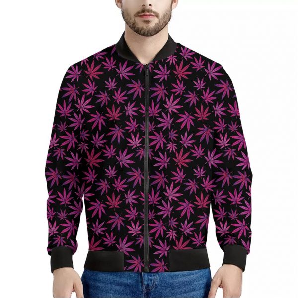 Purple Marijuana Leaf Pattern Print Bomber Jacket