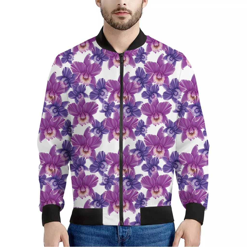 Purple-Orchid-Flower-Pattern-Print-Bomber-Jacket Purple Orchid Flower Pattern Print Bomber Jacket