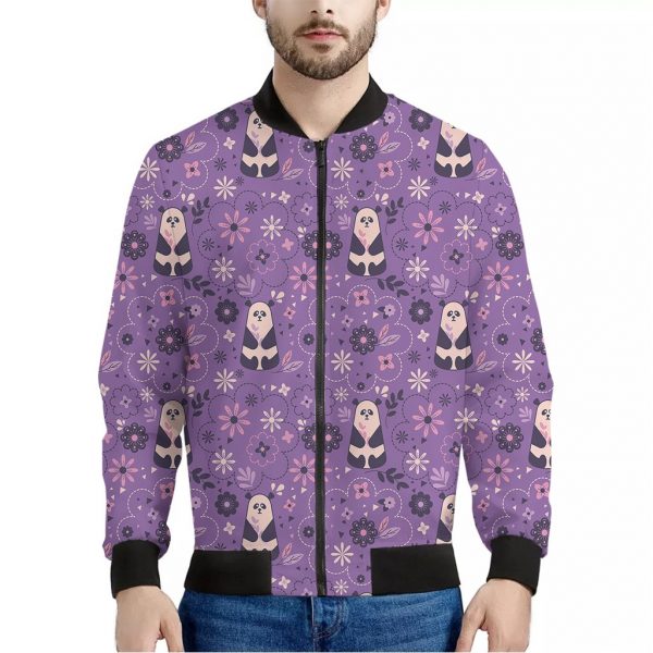 Purple Panda And Flower Pattern Print Bomber Jacket