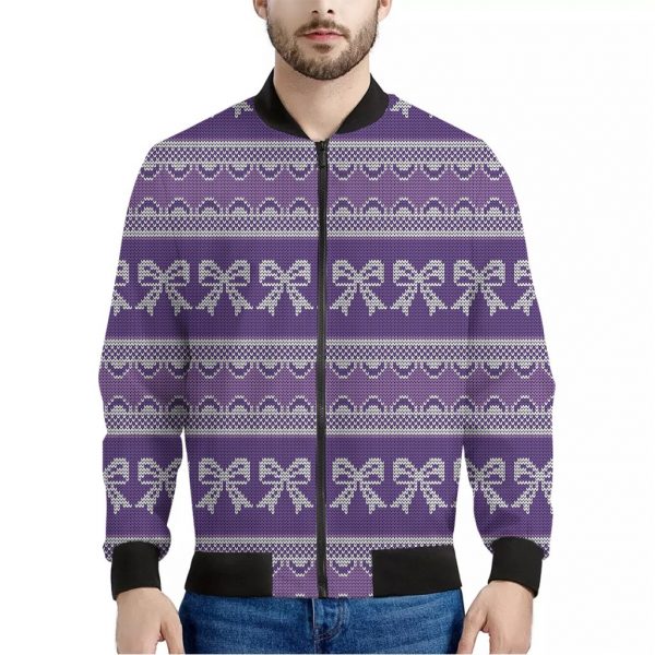 Purple Ribbon Knitted Pattern Print Bomber Jacket