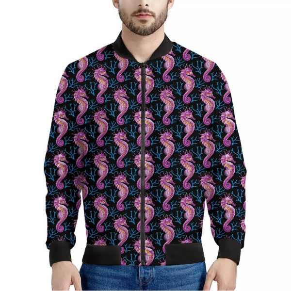 Purple Seahorse Pattern Print Bomber Jacket